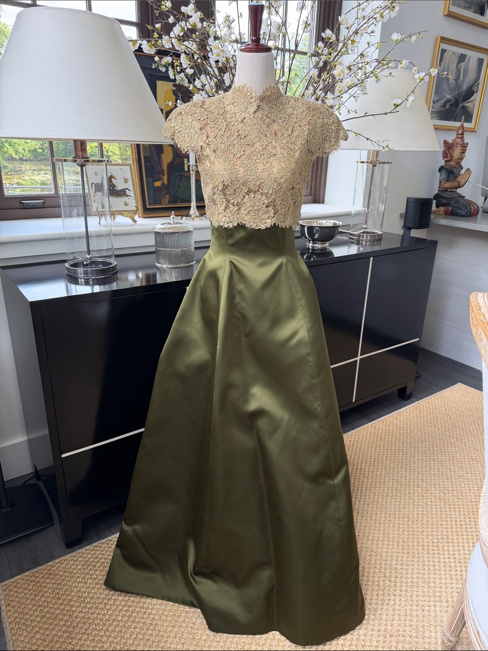 Vintage Oscar de la Renta Gown with Gold Lace Bodice Duchess Satin Skirt Size S